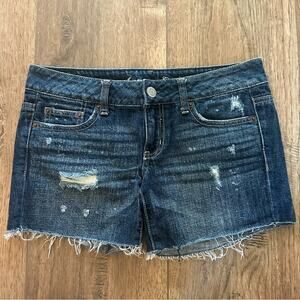 American Eagle Outfitters Dark Blue Jean Shorts, Distressed, Mid Rise, Y2K, 2